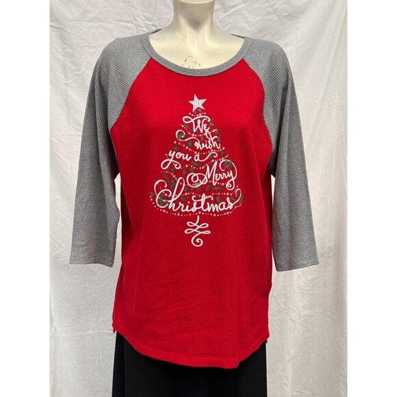 Holiday Time Womens Red Gray Christmas Raglan Graphic T-Shirt Size L Long Sleeve - Picture 1 of 9